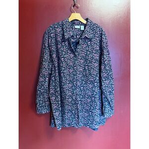 North Crest Floral Corduroy Button Up Shirt Size 4X Navy Pink Everyday 90s Y2K